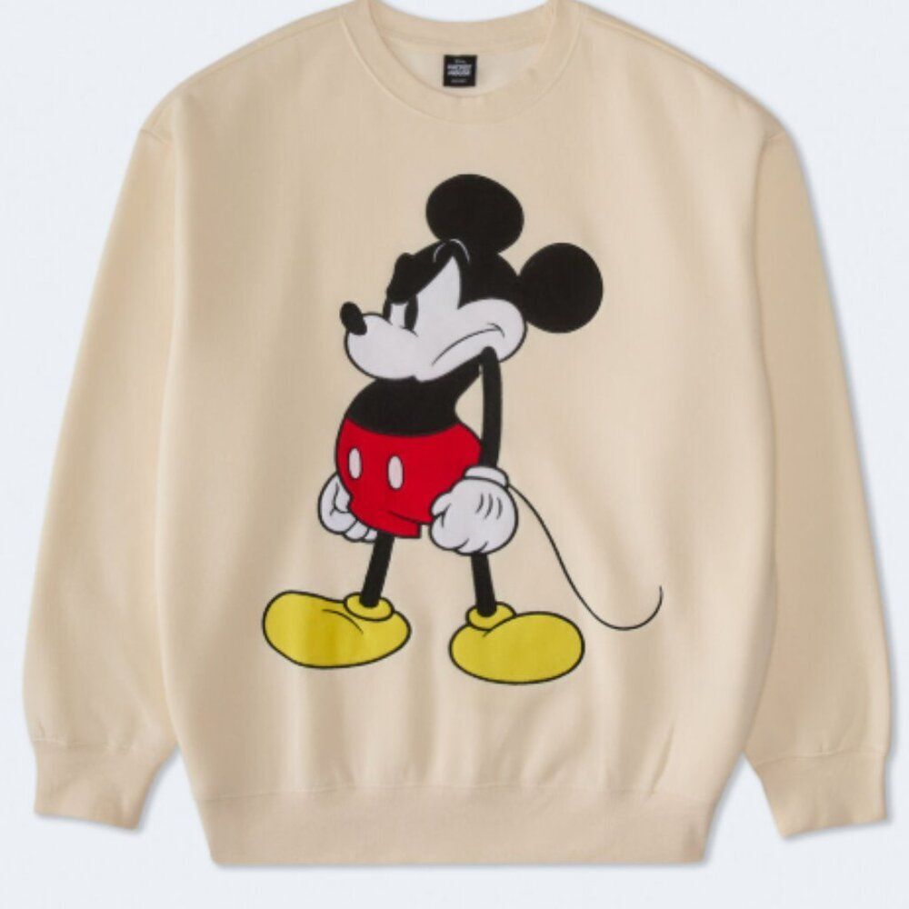 Women's Disney Grumpy Mickey Mouse Graphic Sweatshirt Cream Oversized Small